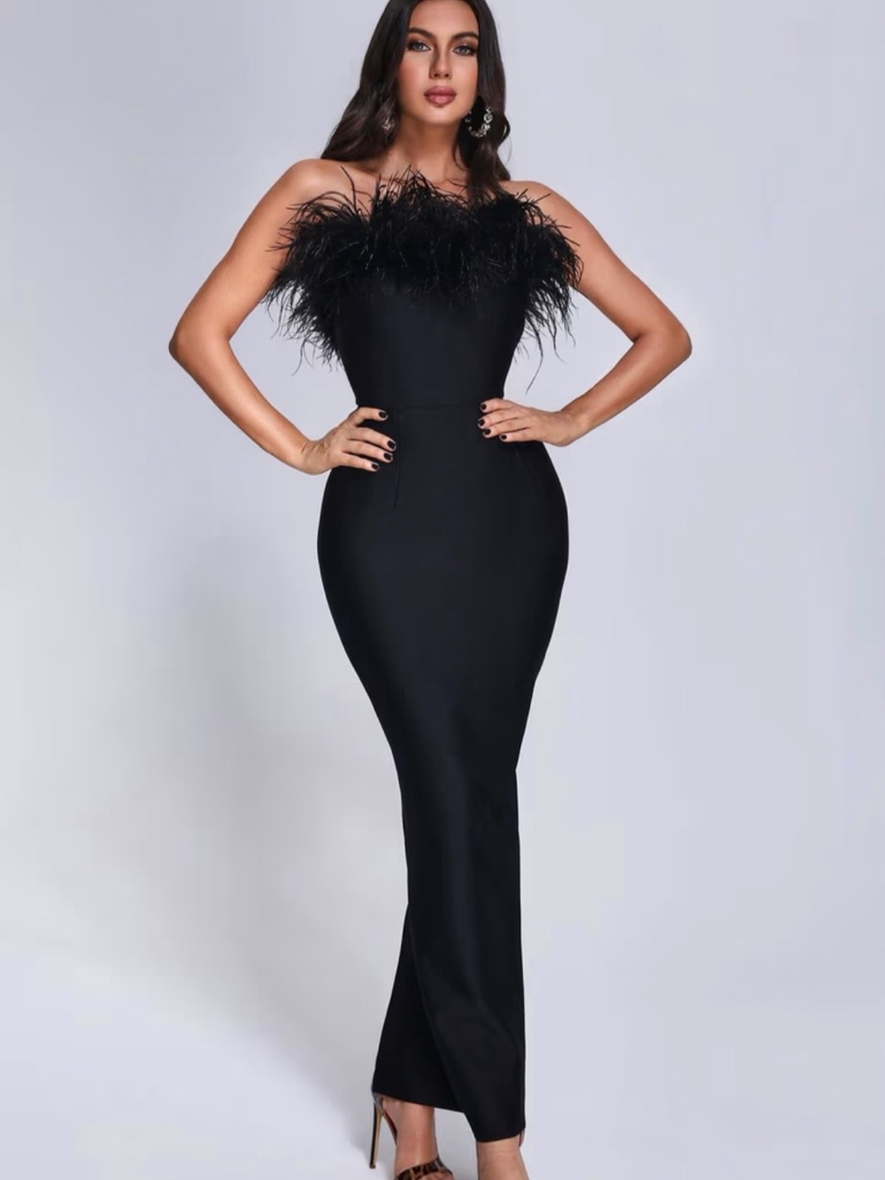 Strapless Black Feather-Trim Evening Gown